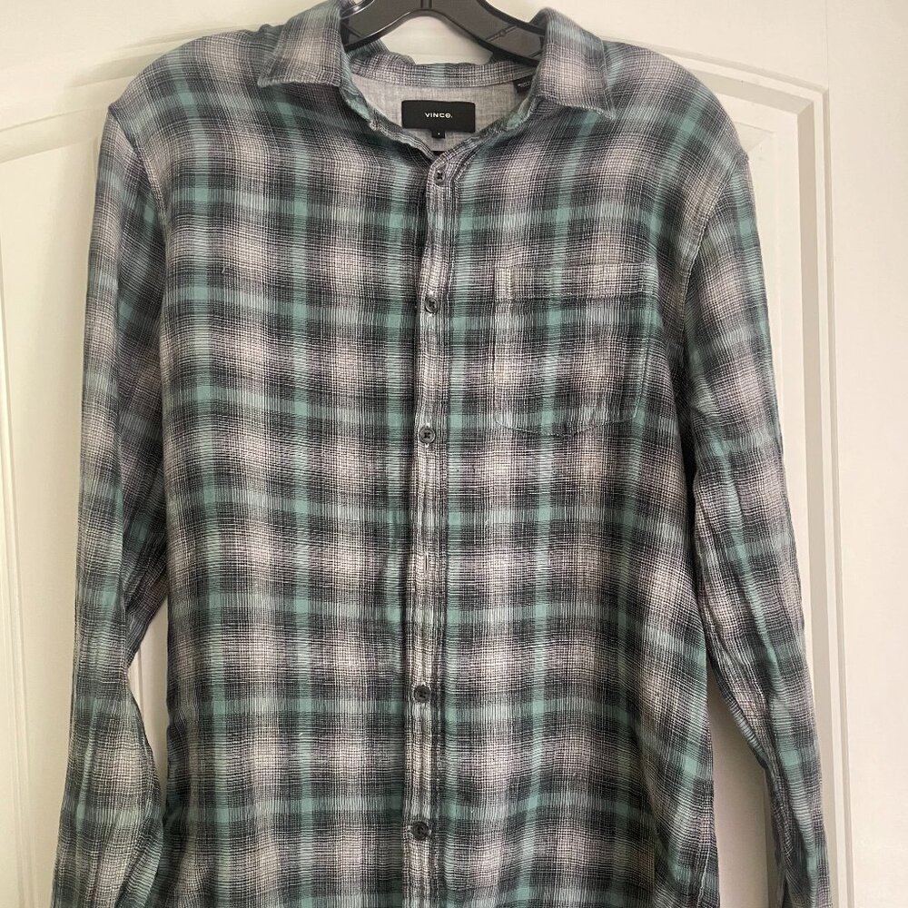 Vince Men's Gray, Black & Green Plaid Cotton Shirt – Siz S